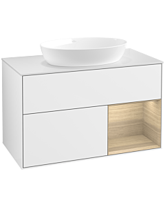 Villeroy und Boch Finion Waschtischunterschrank FA21PCGF 100cm, Abdeckplatte white matt, Regale Oak Veneer, Glossy white lacquer
