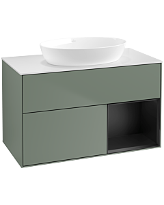 Villeroy und Boch Finion Villeroy und Boch FA21PDGM 100cm, plaque de recouvrement blanc mat, étagères laqué noir mat, Olive Matt Lacquer