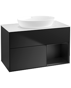 Villeroy und Boch Finion Villeroy und Boch FA21PDPD 100cm, plaque de recouvrement blanc mat, étagères laqué noir mat, laqué noir mat