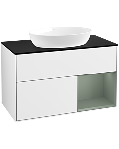 Villeroy und Boch Finion Waschtischunterschrank FA22GMGF 100cm, Abdeckplatte black matt, Regale Olive matt lacquer, Glossy white lacquer