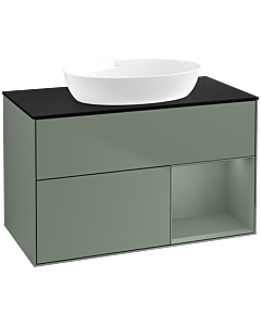 Villeroy und Boch Finion Waschtischunterschrank FA22GMGM 100cm, Abdeckplatte black matt, Regale Olive matt lacquer, Olive Matt Lacquer