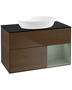 Villeroy und Boch Finion Waschtischunterschrank FA22GMGN 100cm, Abdeckplatte black matt, Regale Olive matt lacquer, Walnut veneer