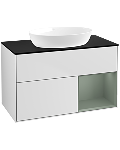 Villeroy und Boch Finion Waschtischunterschrank FA22GMMT 100cm, Abdeckplatte black matt, Regale Olive matt lacquer, White matt lacquer