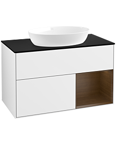 Villeroy und Boch Finion FA22GNGF 100cm, plaque de finition noire mate, étagères Walnut Veneer , laqué blanc brillant