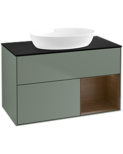 Villeroy und Boch Finion Waschtischunterschrank FA22GNGM 100cm, Abdeckplatte black matt, Regale Walnut Veneer, Olive Matt Lacquer