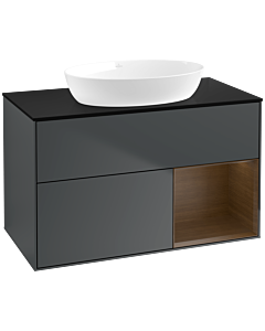 Villeroy und Boch Finion Waschtischunterschrank FA22GNHG 100cm, Abdeckplatte black matt, Regale Walnut Veneer, Midnight Blue Matt Lacquer