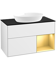 Villeroy und Boch Finion Waschtischunterschrank FA22HFGF 100cm, Abdeckplatte black matt, Regale Gold matt lacquer, Glossy white lacquer