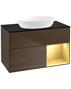 Villeroy und Boch Finion Waschtischunterschrank FA22HFGN 100cm, Abdeckplatte black matt, Regale Gold matt lacquer, Walnut veneer