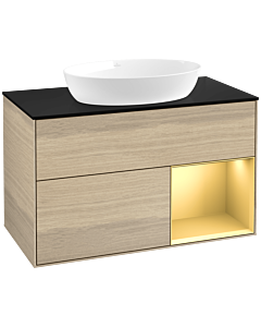 Villeroy und Boch Finion Waschtischunterschrank FA22HFPC 100cm, Abdeckplatte black matt, Regale Gold matt lacquer, Oak Veneer