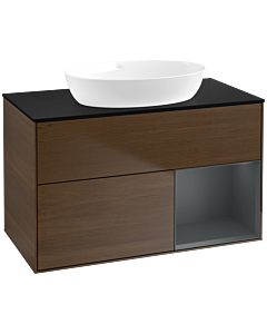 Villeroy und Boch Finion Waschtischunterschrank FA22HGGN 100cm, Abdeckplatte black matt, Regale Midnight matt lacquer, Walnut veneer