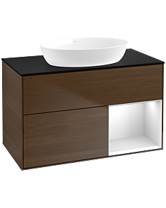 Villeroy und Boch Finion Waschtischunterschrank FA22MTGN 100cm, Abdeckplatte black matt, Regale White matt lacquer, Walnut veneer