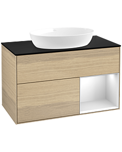 Villeroy und Boch Finion Waschtischunterschrank FA22MTPC 100cm, Abdeckplatte black matt, Regale White matt lacquer, Oak Veneer