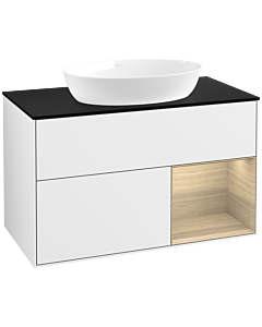 Villeroy und Boch Finion FA22PCGF 100cm, plaque de finition noire mate, étagères Oak Veneer , laqué blanc brillant
