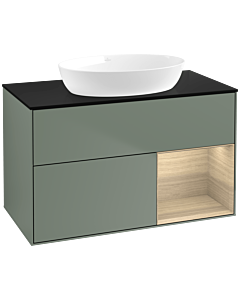 Villeroy und Boch Finion Waschtischunterschrank FA22PCGM 100cm, Abdeckplatte black matt, Regale Oak Veneer, Olive Matt Lacquer