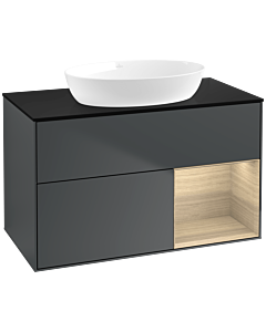 Villeroy und Boch Finion Waschtischunterschrank FA22PCHG 100cm, Abdeckplatte black matt, Regale Oak Veneer, Midnight Blue Matt Lacquer