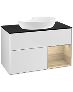 Villeroy und Boch Finion Waschtischunterschrank FA22PCMT 100cm, Abdeckplatte black matt, Regale Oak Veneer, White matt lacquer