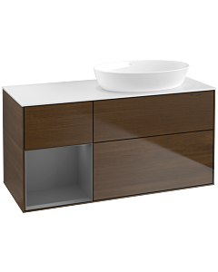 Villeroy und Boch Finion Waschtischunterschrank FA41GKGN 120cm, Abdeckplatte white matt, Regale Anthracite matt lacquer, Walnut veneer
