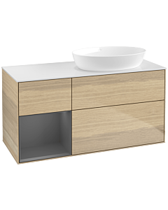 Villeroy und Boch Finion Waschtischunterschrank FA41GKPC 120cm, Abdeckplatte white matt, Regale Anthracite matt lacquer, Oak Veneer