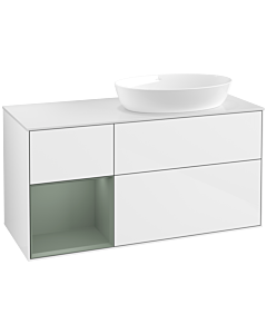 Villeroy und Boch Finion Waschtischunterschrank FA41GMGF 120cm, Abdeckplatte white matt, Regale Olive matt lacquer, Glossy white lacquer