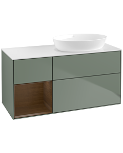 Villeroy und Boch Finion Waschtischunterschrank FA41GNGM 120cm, Abdeckplatte white matt, Regale Walnut Veneer, Olive Matt Lacquer
