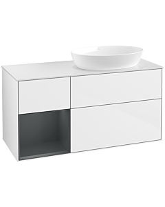 Villeroy und Boch Finion Waschtischunterschrank FA41HGGF 120cm, Abdeckplatte white matt, Regale Midnight matt lacquer, Glossy white lacquer