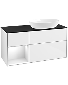 Villeroy und Boch Finion Villeroy und Boch FA42GFGF 120cm, plaque de recouvrement noir mat, étagères Laque blanche brillante, Laque blanche brillante