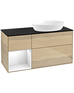 Villeroy und Boch Finion Waschtischunterschrank FA42GFPC 120cm, Abdeckplatte black matt, Regale Glossy white lacquer, Oak Veneer