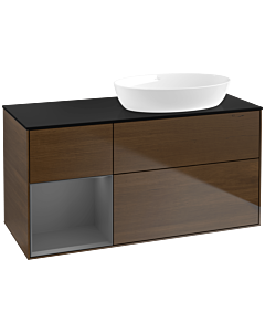 Villeroy und Boch Finion Waschtischunterschrank FA42GKGN 120cm, Abdeckplatte black matt, Regale Anthracite matt lacquer, Walnut veneer