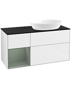 Villeroy und Boch Finion Waschtischunterschrank FA42GMGF 120cm, Abdeckplatte black matt, Regale Olive matt lacquer, Glossy white lacquer