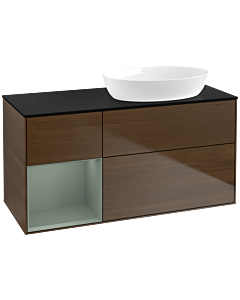 Villeroy und Boch Finion Waschtischunterschrank FA42GMGN 120cm, Abdeckplatte black matt, Regale Olive matt lacquer, Walnut veneer