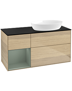 Villeroy und Boch Finion Waschtischunterschrank FA42GMPC 120cm, Abdeckplatte black matt, Regale Olive matt lacquer, Oak Veneer