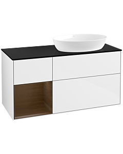 Villeroy und Boch Finion Waschtischunterschrank FA42GNGF 120cm, Abdeckplatte black matt, Regale Walnut Veneer, Glossy white lacquer