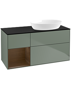 Villeroy und Boch Finion Waschtischunterschrank FA42GNGM 120cm, Abdeckplatte black matt, Regale Walnut Veneer, Olive Matt Lacquer