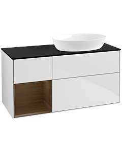 Villeroy und Boch Finion Waschtischunterschrank FA42GNMT 120cm, Abdeckplatte black matt, Regale Walnut Veneer, White matt lacquer