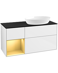 Villeroy und Boch Finion Villeroy und Boch FA42HFGF 120cm, plaque de recouvrement noir mat, étagères laqué or mat, laqué blanc brillant
