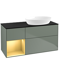 Villeroy und Boch Finion FA42HFGM 120cm, plaque de recouvrement noir mat, étagères laqué mat or, Olive Matt Lacquer
