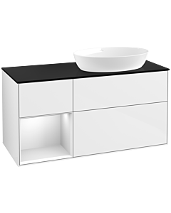 Villeroy und Boch Finion Villeroy und Boch FA42MTGF 120cm, plaque de recouvrement noir mat, étagères laqué blanc mat, laqué blanc brillant