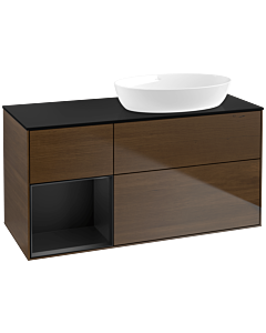 Villeroy und Boch Finion Waschtischunterschrank FA42PDGN 120cm, Abdeckplatte black matt, Regale Black matt lacquer, Walnut veneer