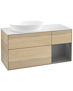 Villeroy und Boch Finion Waschtischunterschrank FA51GKPC 120cm, Abdeckplatte white matt, Regale Anthracite matt lacquer, Oak Veneer