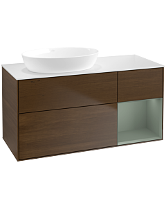 Villeroy und Boch Finion Waschtischunterschrank FA51GMGN 120cm, Abdeckplatte white matt, Regale Olive matt lacquer, Walnut veneer