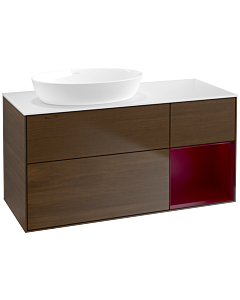 Villeroy und Boch Finion Waschtischunterschrank FA51HBGN 120cm, Abdeckplatte white matt, Regale Peony matt lacquer, Walnut veneer