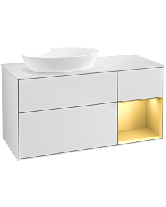 Villeroy und Boch Finion Villeroy und Boch FA51HFMT 120cm, plaque de recouvrement blanc mat, étagères laqué or mat, laqué blanc mat