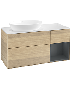 Villeroy und Boch Finion Waschtischunterschrank FA51HGPC 120cm, Abdeckplatte white matt, Regale Midnight matt lacquer, Oak Veneer