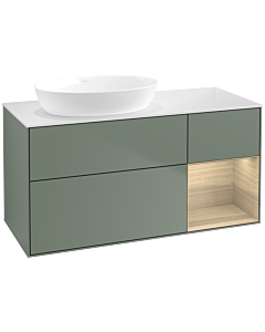 Villeroy und Boch Finion Villeroy und Boch FA51PCGM 120cm, plaque de recouvrement blanc mat, étagères Oak Veneer , Olive Matt Lacquer