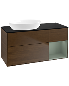 Villeroy und Boch Finion Waschtischunterschrank FA52GMGN 120cm, Abdeckplatte black matt, Regale Olive matt lacquer, Walnut veneer