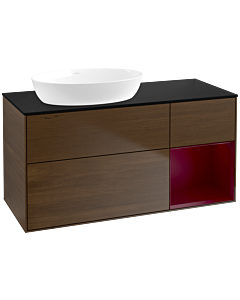 Villeroy und Boch Finion Waschtischunterschrank FA52HBGN 120cm, Abdeckplatte black matt, Regale Peony matt lacquer, Walnut veneer