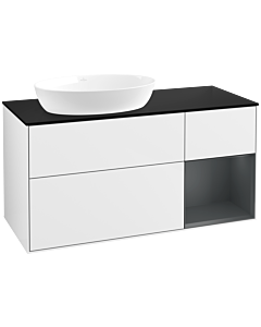 Villeroy und Boch Finion Waschtischunterschrank FA52HGGF 120cm, Abdeckplatte black matt, Regale Midnight matt lacquer, Glossy white lacquer