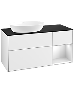 Villeroy und Boch Finion Villeroy und Boch FA52MTGF 120cm, plaque de recouvrement noir mat, étagères laqué blanc mat, laqué blanc brillant