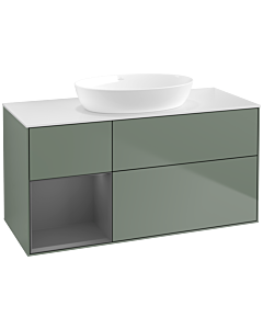 Villeroy und Boch Finion FA61GKGM 120cm, plaque de recouvrement blanc mat, étagères laqué mat anthracite, Olive Matt Lacquer