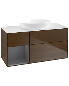 Villeroy und Boch Finion Waschtischunterschrank FA61GKGN 120cm, Abdeckplatte white matt, Regale Anthracite matt lacquer, Walnut veneer